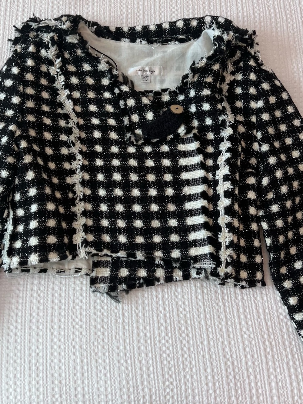 Black & White Tweed Cropped Blazer - Classic Frayed Edge